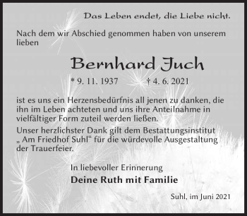 Traueranzeige von Bernhard Juch von Südthüringer Presse
