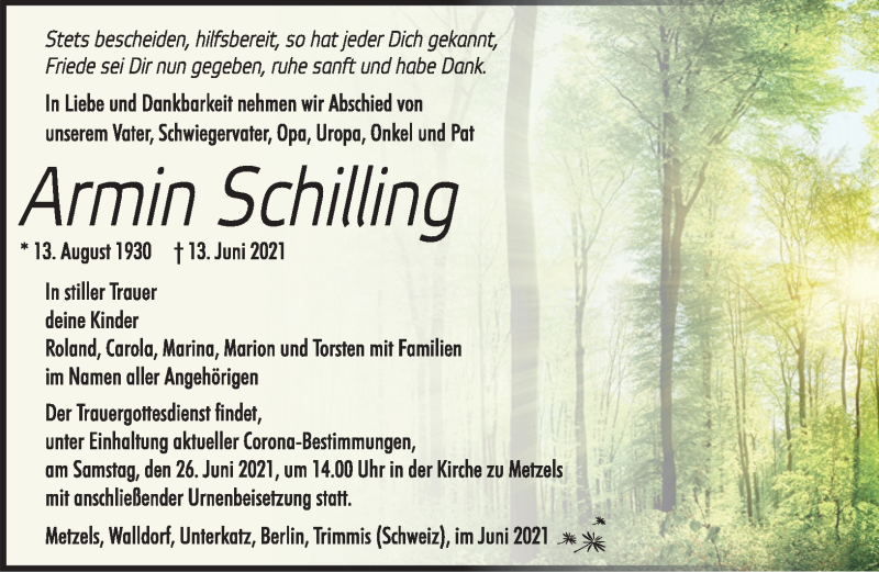  Traueranzeige für Armin Schilling vom 19.06.2021 aus Südthüringer Presse