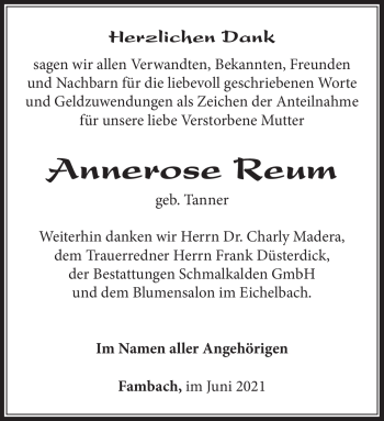 Traueranzeige von Annerose Reum von Südthüringer Presse