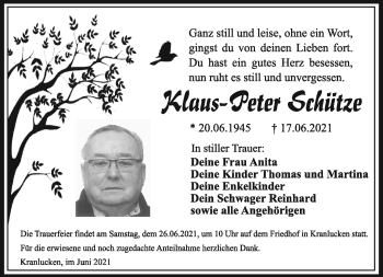 Traueranzeige von Klaus-Peter Schütze von Südthüringer Presse