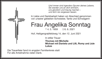 Traueranzeige von Angelika Sonntag von Frankenpost