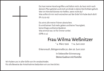 Traueranzeige von Wilma Weßnitzer von Frankenpost