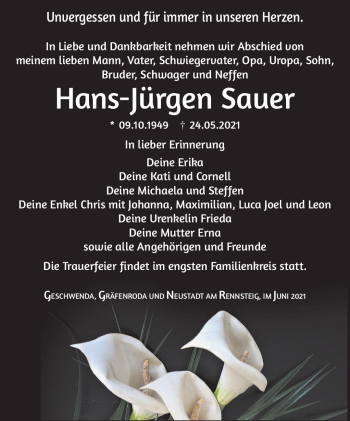 Traueranzeige von Hans-Jürgen Sauer von Südthüringer Presse
