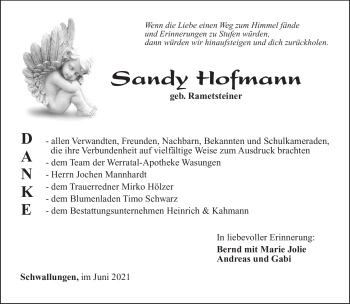 Traueranzeige von Sandy Hofmann von Südthüringer Presse