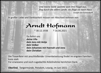 Traueranzeige von Arndt Hofmann von Südthüringer Presse
