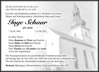 Traueranzeige von Inge Schaar von Südthüringer Presse