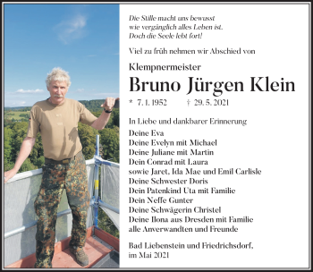 Traueranzeige von Bruno Jürgen Klein von Südthüringer Presse