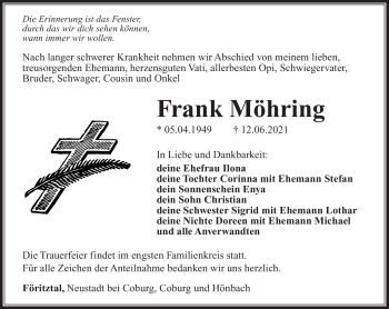 Traueranzeige von Frank Möhring von Südthüringer Presse