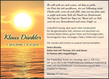 Traueranzeige von Klaus Dünkler von Südthüringer Presse