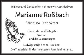 Traueranzeige von Marianne Roßbach von Neue Presse Coburg