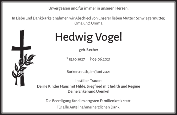 Traueranzeige von Hedwig Vogel von Frankenpost