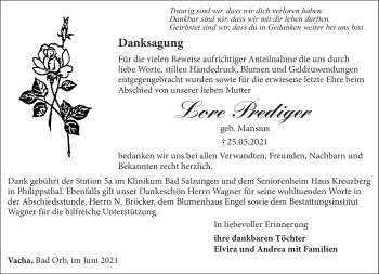 Traueranzeige von Lore Prediger von Südthüringer Presse