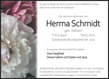 Traueranzeige von Herma Schmidt von Frankenpost