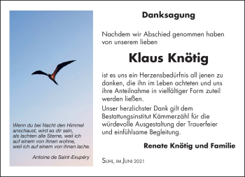 Traueranzeige von Klaus Knötig von Südthüringer Presse