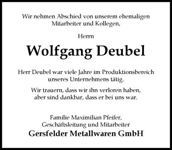 Traueranzeige von Wolfgang Deubel von Südthüringer Presse