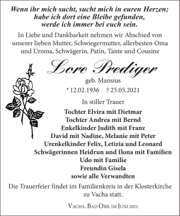 Traueranzeige von Lore Prediger von Südthüringer Presse