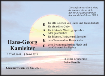 Traueranzeige von Hans-Georg Kamleiter von Südthüringer Presse