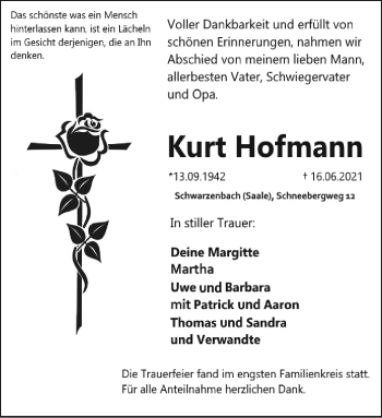 Traueranzeige von Kurt Hofmann von Frankenpost