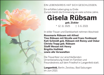 Traueranzeige von Gisela Rübsam von Südthüringer Presse