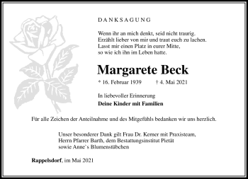 Traueranzeige von Margarete Beck von Südthüringer Presse