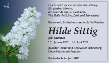 Traueranzeige von Hilde Sittig von Südthüringer Presse