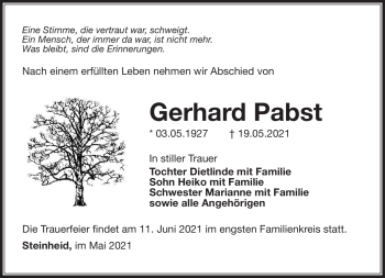 Traueranzeige von Gerhard Pabst von Südthüringer Presse