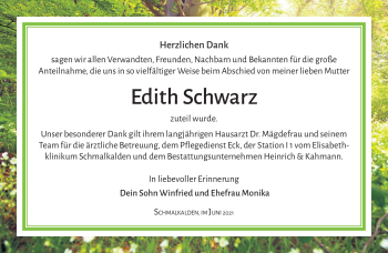 Traueranzeige von Edith Schwarz von Südthüringer Presse