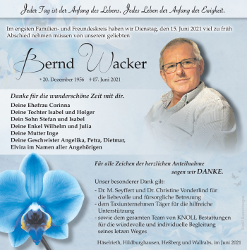 Traueranzeige von Bernd Wacker von Südthüringer Presse