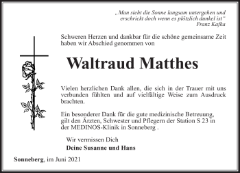 Traueranzeige von Waltraud Matthes von Südthüringer Presse