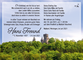 Traueranzeige von Hans Freund von Südthüringer Presse