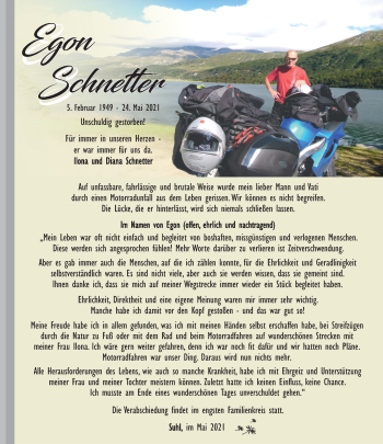 Traueranzeige von Egon Schnetter von Südthüringer Presse