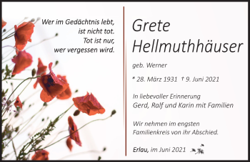 Traueranzeige von Grete Hellmuthhäuser von Südthüringer Presse