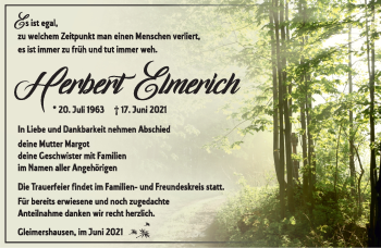 Traueranzeige von Herbert Elmerich von Südthüringer Presse