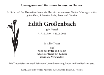 Traueranzeige von Edith Großenbach von Südthüringer Presse