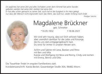 Traueranzeige von Magdalene Brückner von Neue Presse Coburg