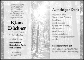 Traueranzeige von Klaus Büchner von Südthüringer Presse
