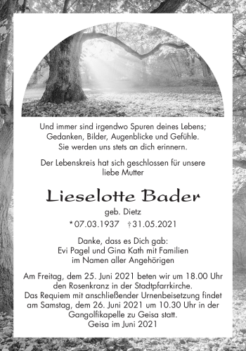 Traueranzeige von Lieselotte Bader von Südthüringer Presse