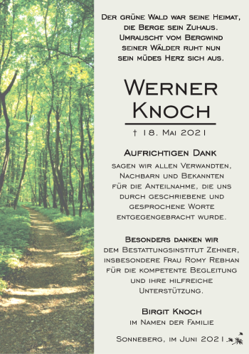 Traueranzeige von Werner Knoch von Südthüringer Presse