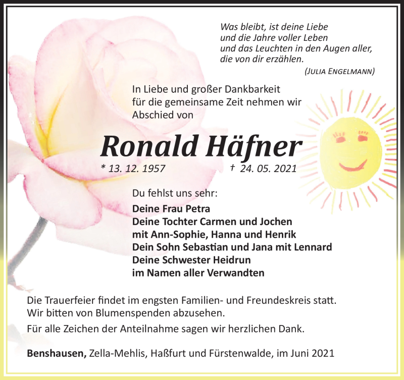  Traueranzeige für Ronald Häfner vom 12.06.2021 aus Südthüringer Presse