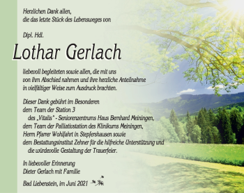 Traueranzeige von Lothar Gerlach von Südthüringer Presse