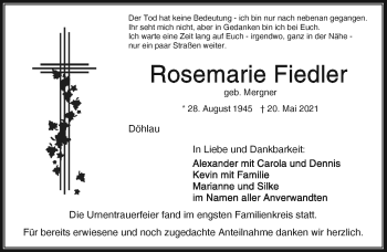 Traueranzeige von Rosemarie Fiedler von Frankenpost