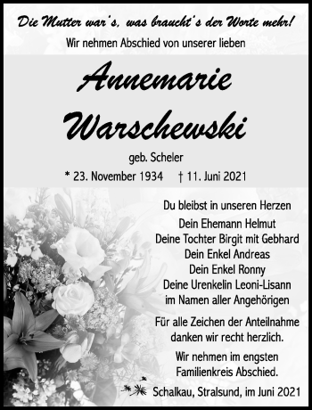 Traueranzeige von Annemarie Warschewski von Südthüringer Presse