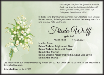 Traueranzeige von Frieda Wolff von Südthüringer Presse