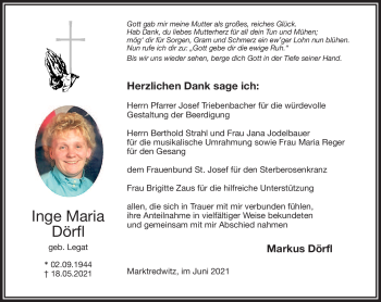 Traueranzeige von Inge Maria Dörfl von Frankenpost