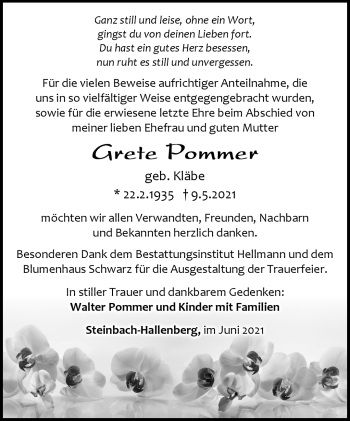 Traueranzeige von Grete Pommer von Südthüringer Presse