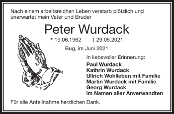 Traueranzeige von Peter Wurdack von Frankenpost