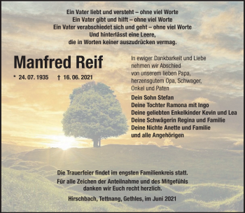 Traueranzeige von Manfred Reif von Südthüringer Presse