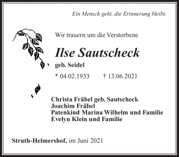 Traueranzeige von Ilse Sautschek von Südthüringer Presse