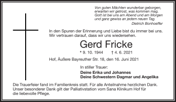 Traueranzeige von Gerd Fricke von Frankenpost