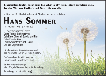 Traueranzeige von Hans Sommer von Südthüringer Presse